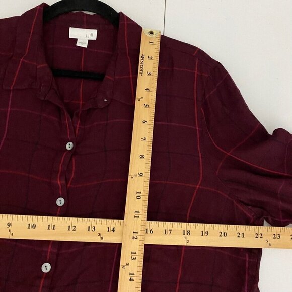 J Jill Button Up Shirt Womens XL Burgundy Plaid Rayon Long Sleeve - Picture 8 of 9